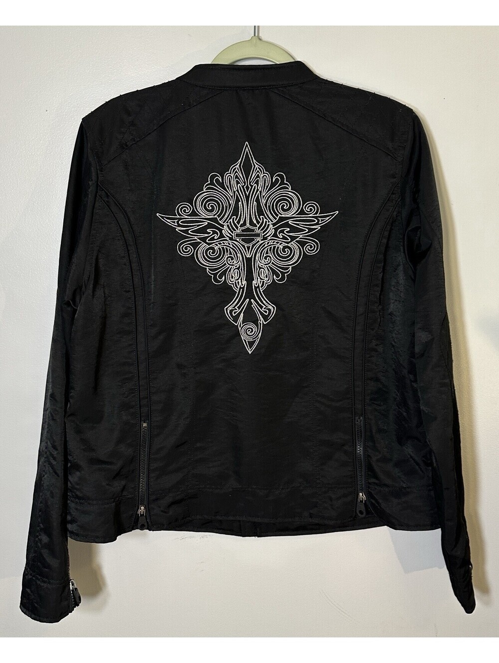 Harley Davidson Moto Black Nylon Jacket Custom Fit Zipper Embroidered Cross XL.